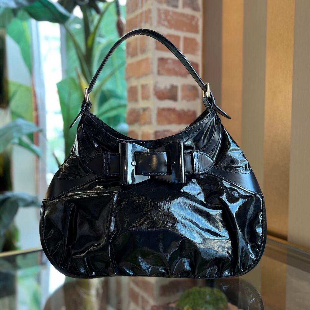 GUCCI Queen Bow Dialux Black Shiny Coated Canvas Hobo Bag